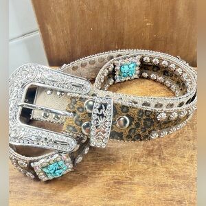 Leopard Print Belt with Silver Buckle and Turquoise Details